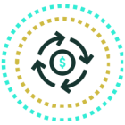 Economía circular representada por flechas de ciclo y un símbolo monetario.