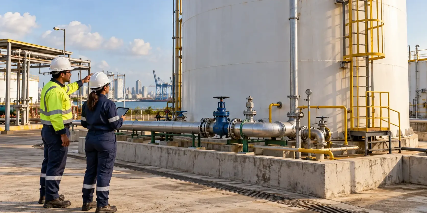 Técnico y responsable de mantenimiento evaluando las conexiones externas de un tanque industrial antes de su lavado.