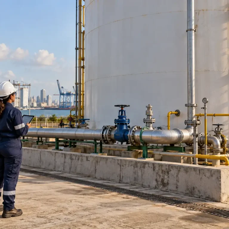 Técnico y responsable de mantenimiento evaluando las conexiones externas de un tanque industrial antes de su lavado.