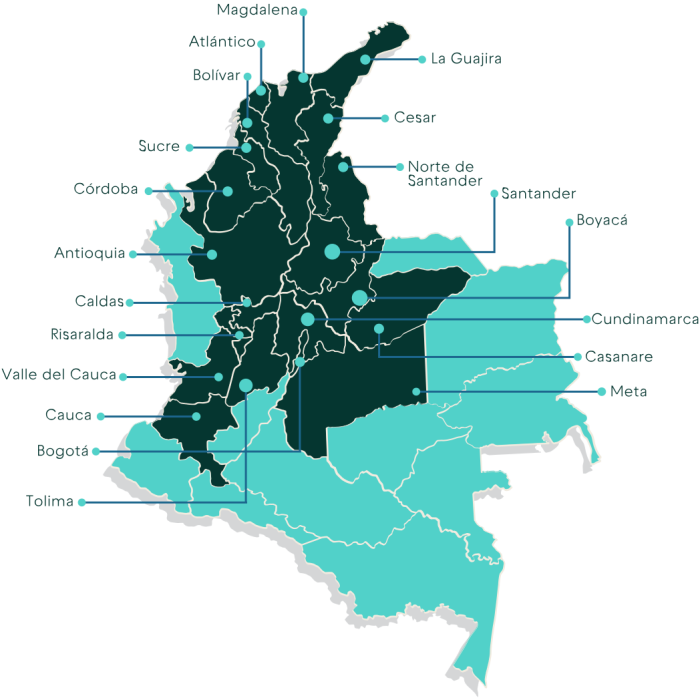 Mapa de Colombia con departamentos señalados.